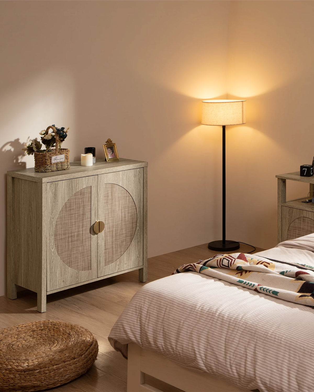 Oak Rattan Sideboard Storage Cabinet Set of 2 W5047