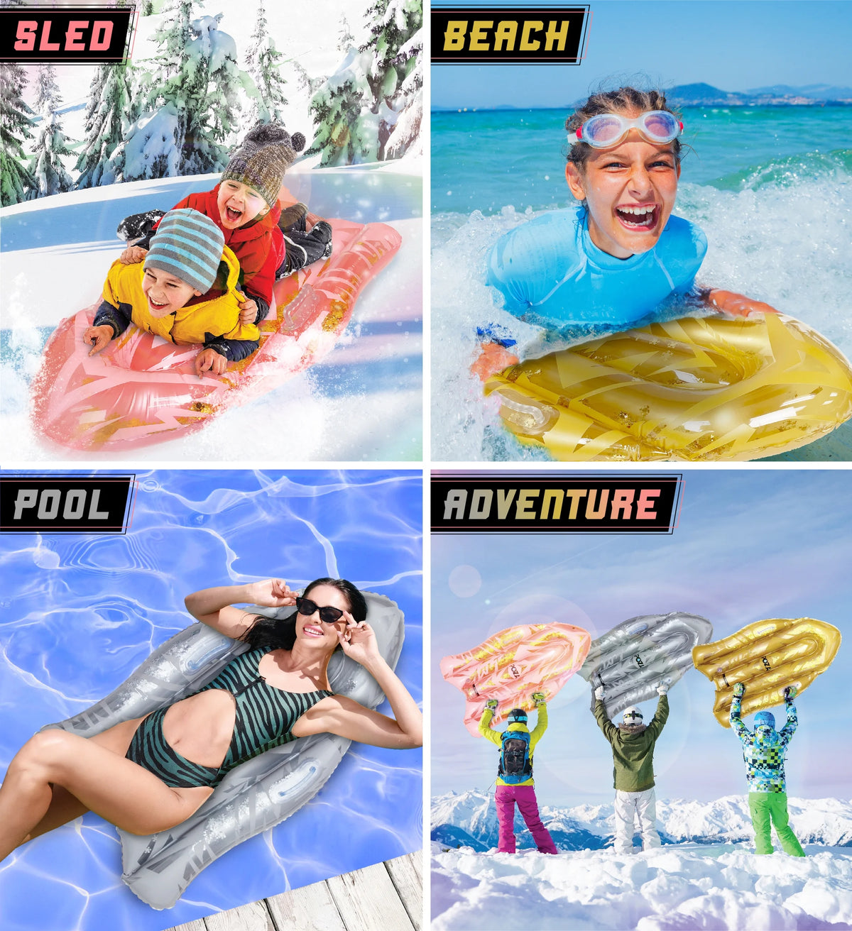 Inflatable Snow Sled Set of 3, Rose Gold, Gold, and Silver, 44 Inch N162