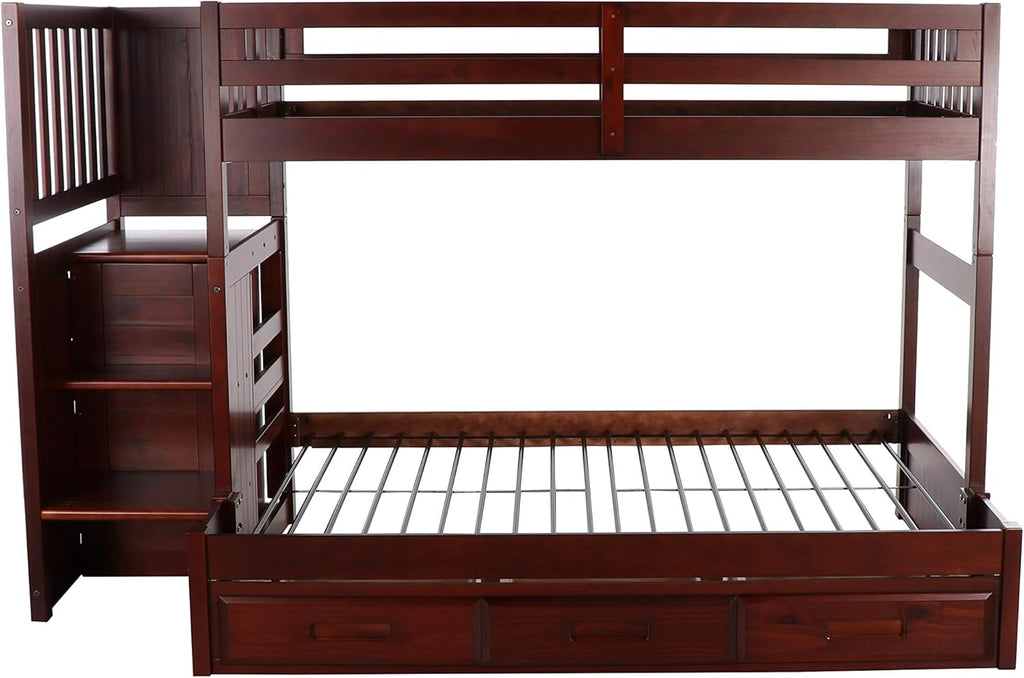 Twin Over Full Staircase Bunk Bed with 3 Drawers in Merlot Finish R724799
