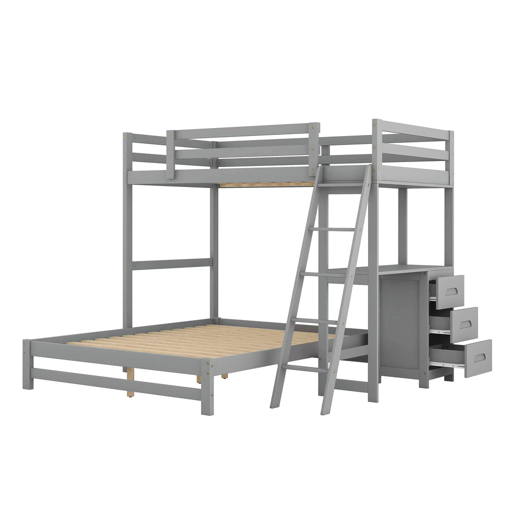 Gray Twin over Full Bunk Bed with Desk and Drawers Q735824