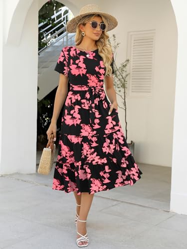 Women's Casual Summer Tiered Midi Dress Short Sleeve Belted Ruffle Boho Sundress with Pockets A210