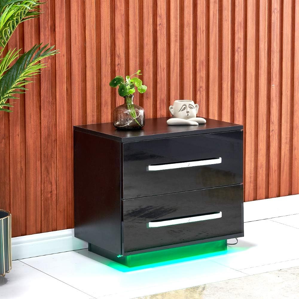 White High Gloss 2 Drawer Bedside Table with LED Lights P1511