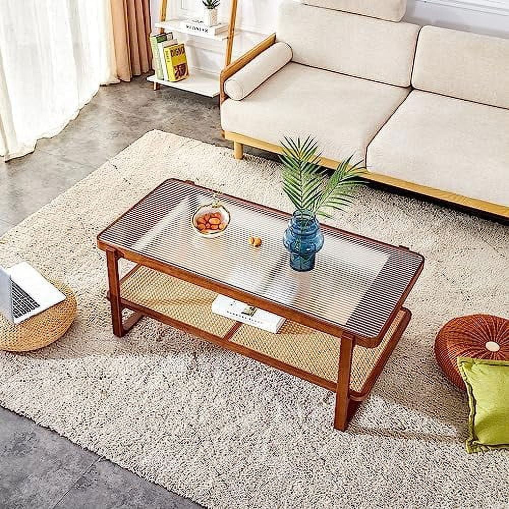 Rattan Woven Glass Desktop Round Double-Layer Solid Wood Coffee Table F99006