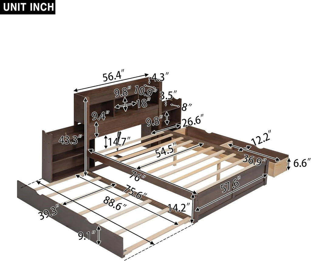 Full Size Wood Storage Bed with Bookcase Headboard and Trundle S8109