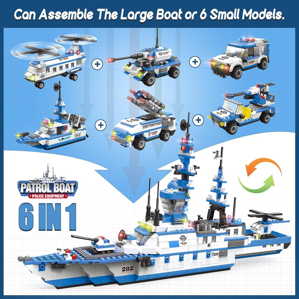 1169 Pieces 6 in 1 City Police Building Blocks Kit with Storage Box K822