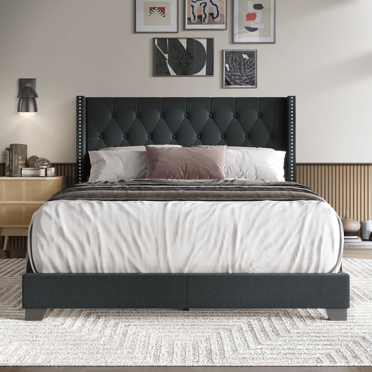 Blue Linen Upholstered Wingback Bed G67007
