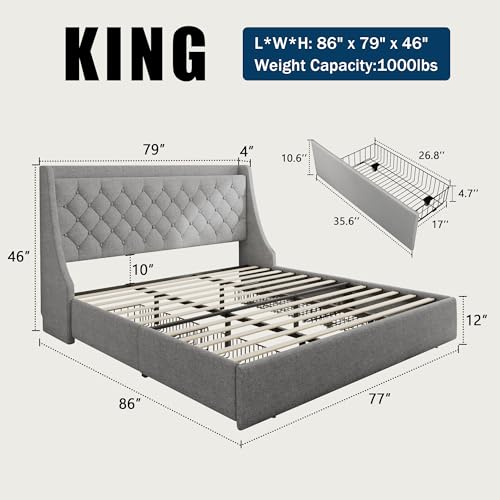 King Size Upholstered Bed Frame with 4 Storage Drawers G793