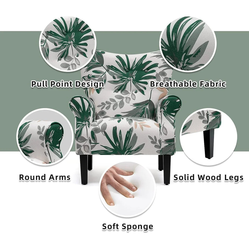 Green Floral Upholstered Fabric Wing Back Arm Chair with Wood Legs V9773