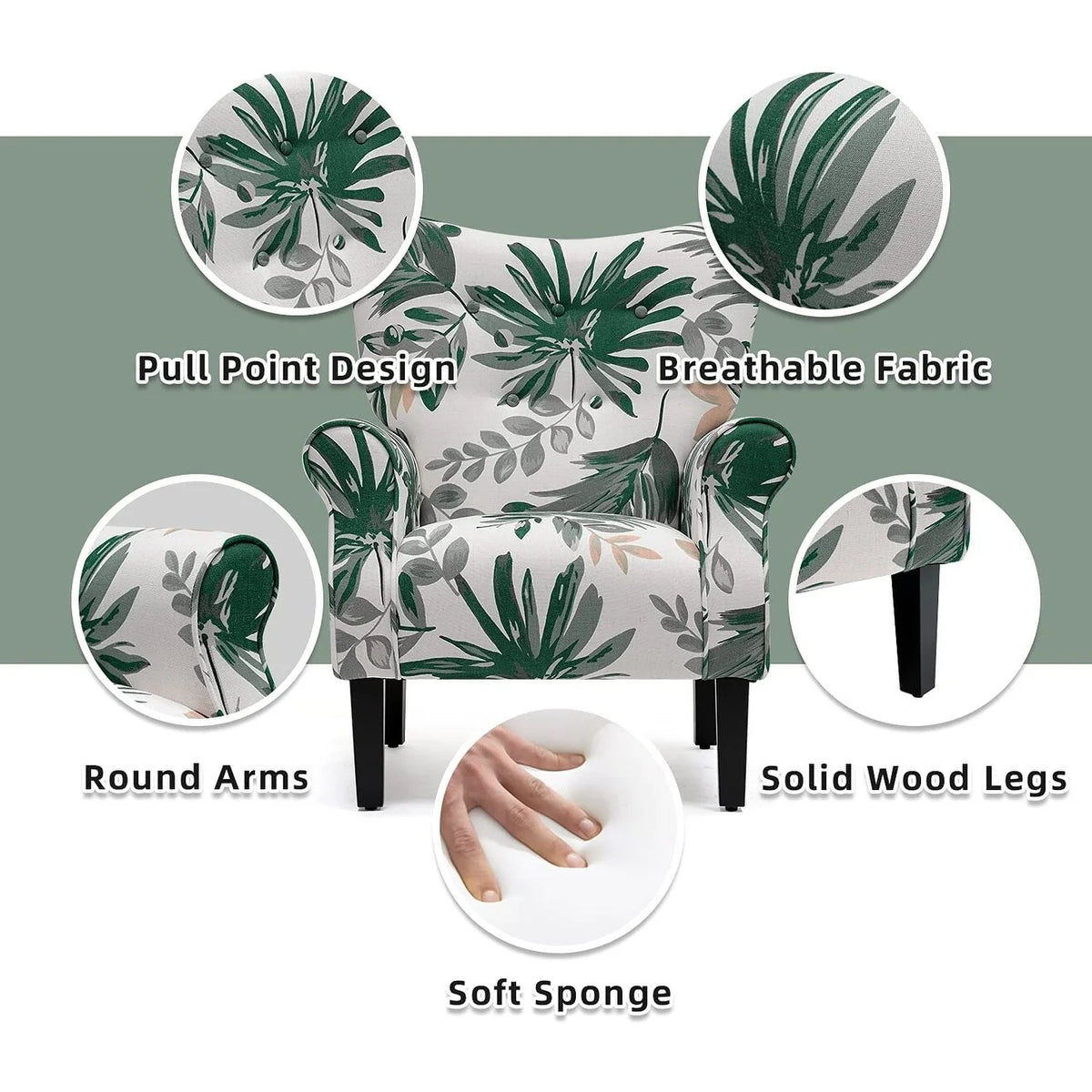 Green Floral Upholstered Fabric Wing Back Arm Chair with Wood Legs V9773