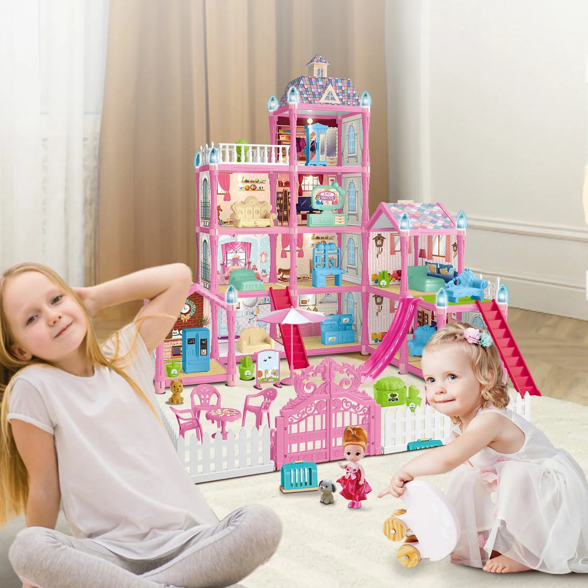 275PCS Dollhouse Kit with 11 Room Furniture Pink Princess Castle Playhouse S34784