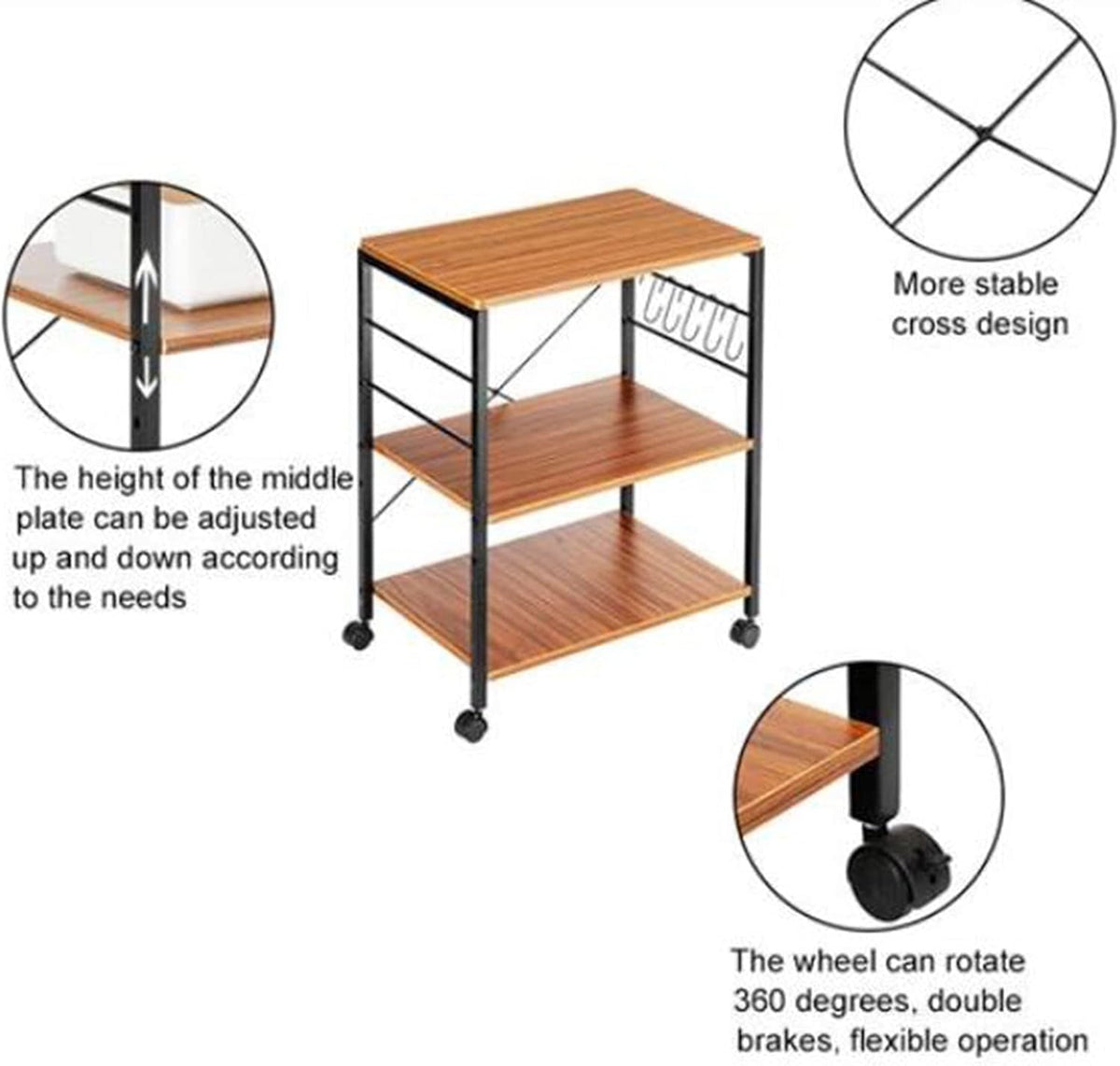 3-Tier Vintage Rolling Microwave Cart with Side Hook O945