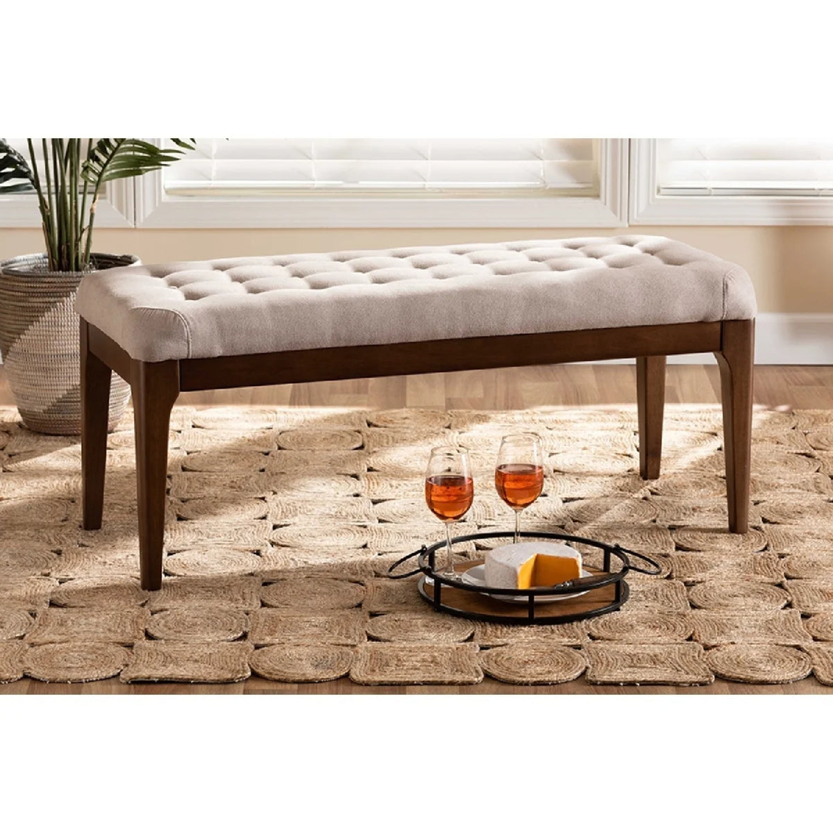Beige Fabric Upholstered Walnut Brown Wood Dining Bench J661