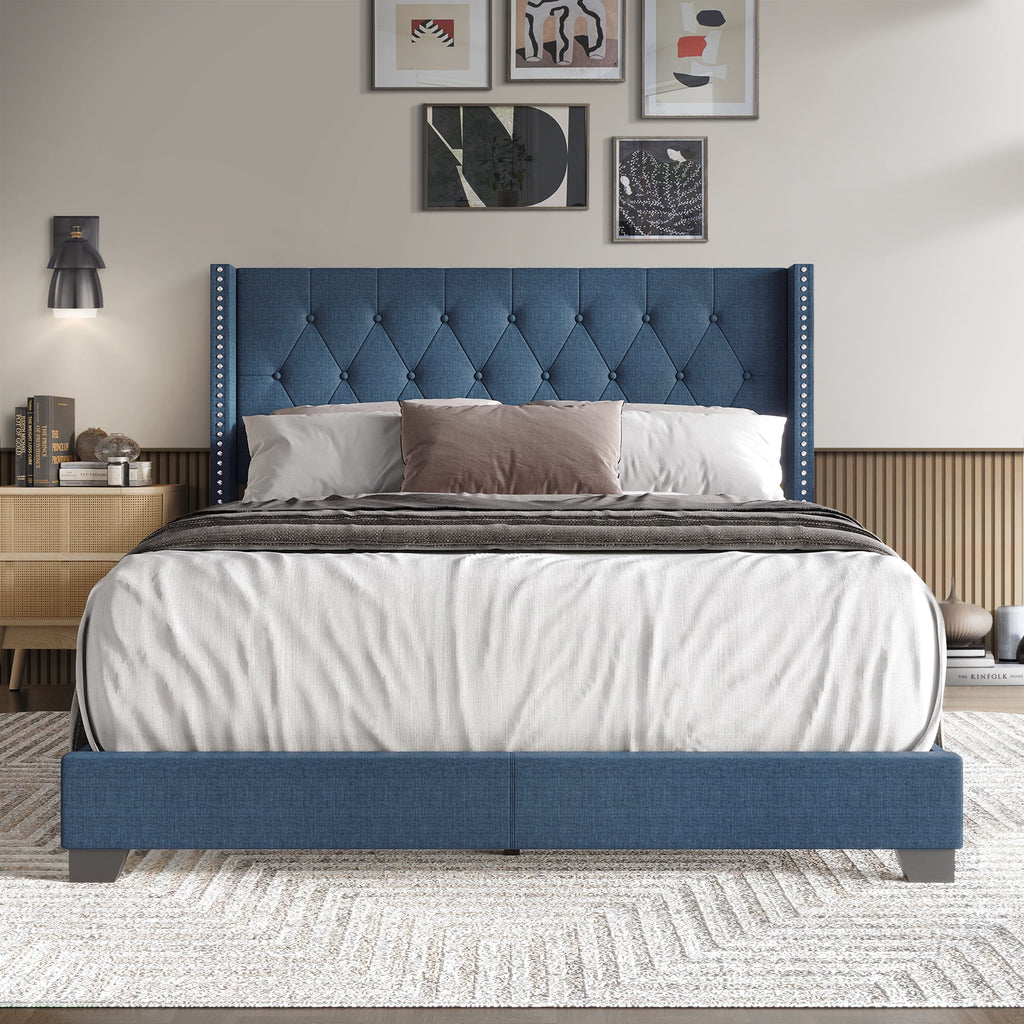 Blue Linen Upholstered Wingback Bed G67007