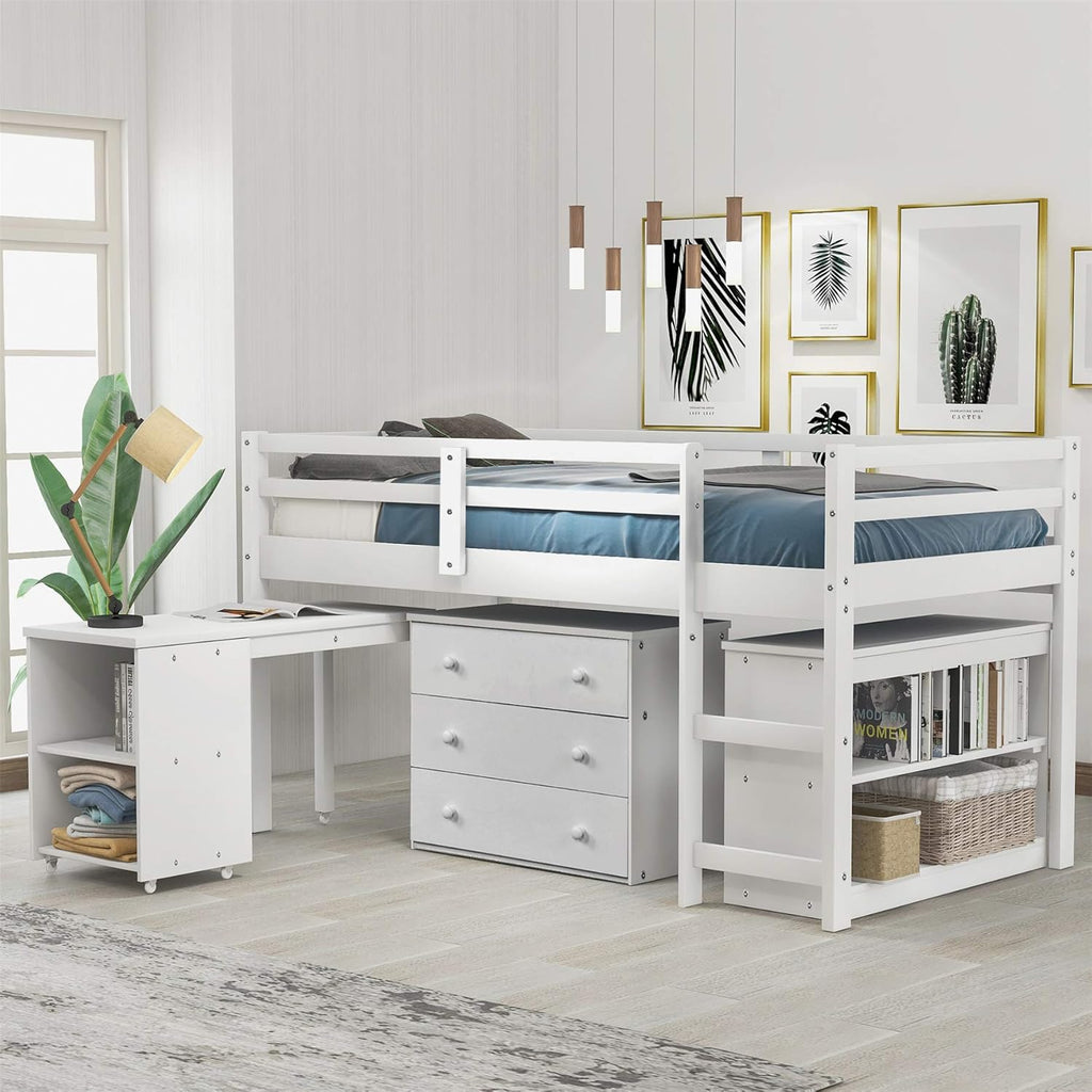 Twin Wooden Loft Bed with Storage Drawers and Cabinet T7630