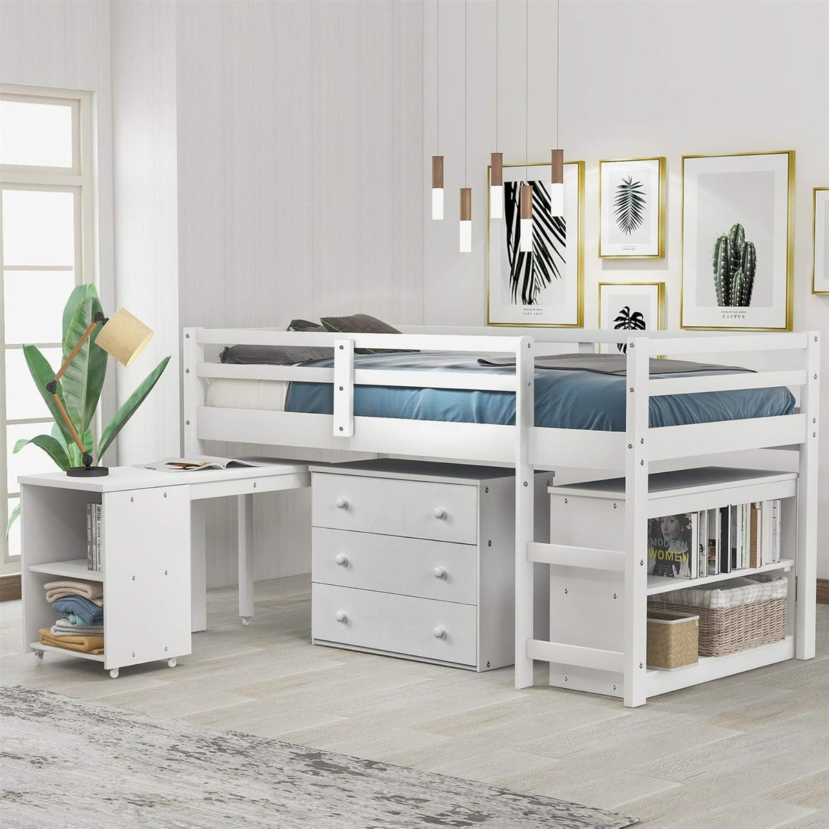 Twin Wooden Loft Bed with Storage Drawers and Cabinet T7630