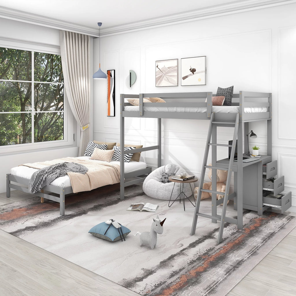Gray Twin over Full Bunk Bed with Desk and Drawers Q735824
