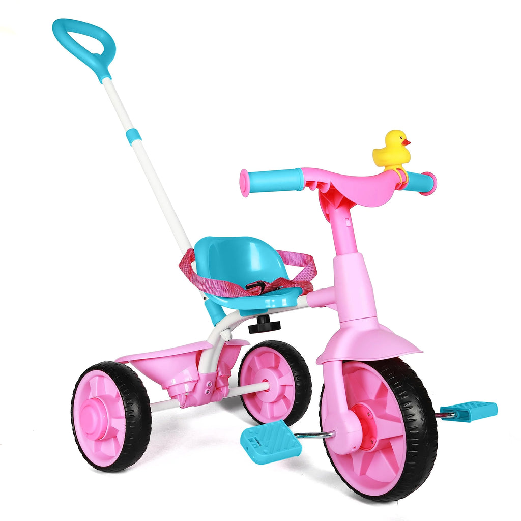 2 in 1 Kids Tricycles with Push Handle and Duck Bell, Pink J236