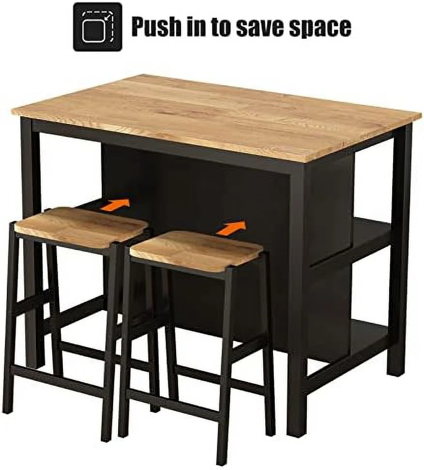 3 Piece Black Wood Dining Table Set with 2 Stools P358