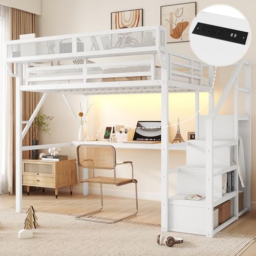Black Full Size Metal Loft Bed with Stairs and Storage W87820