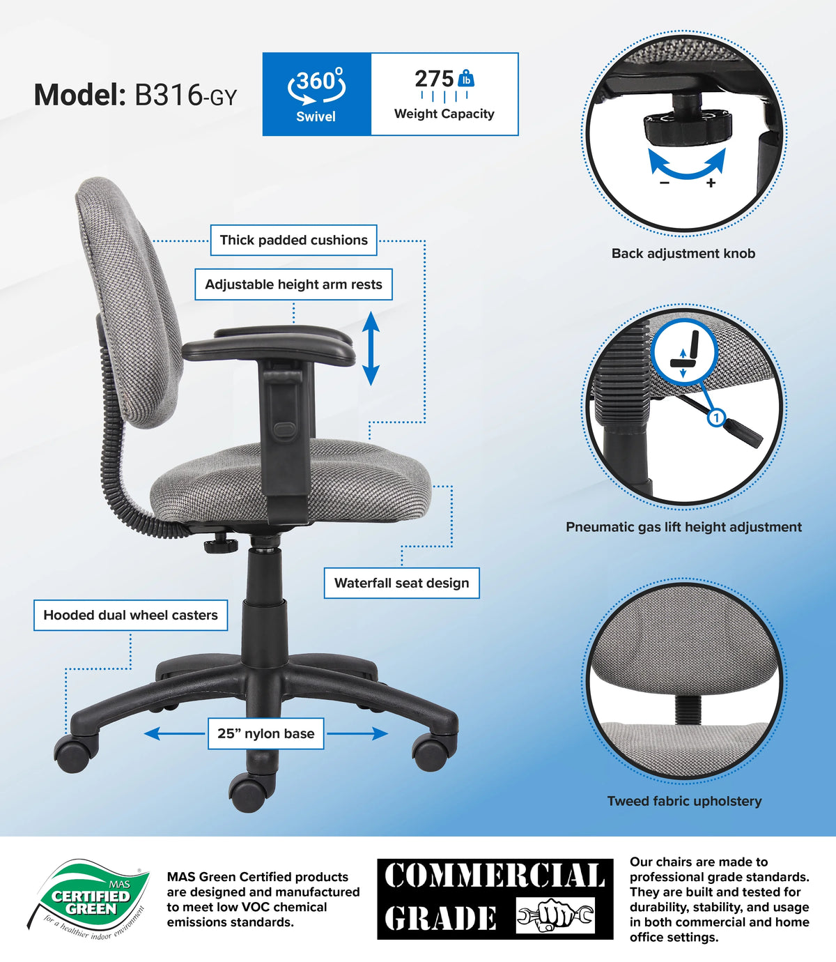Grey Adjustable Office Task Chair with Adjustable Arms L7124