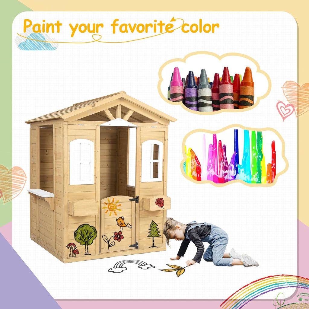 Natural Wooden Playhouse with Working Door, Windows, Mailbox, Bench, Flowers Pot Holder W144