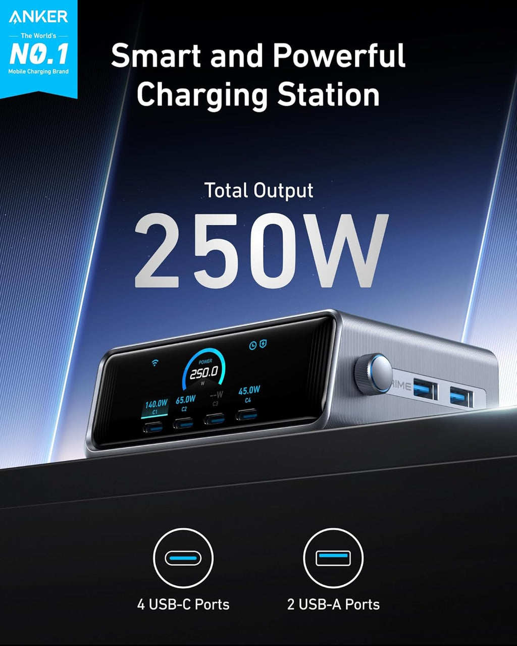 250W 6-Port GaN USB-C Charger with LCD Display J6685