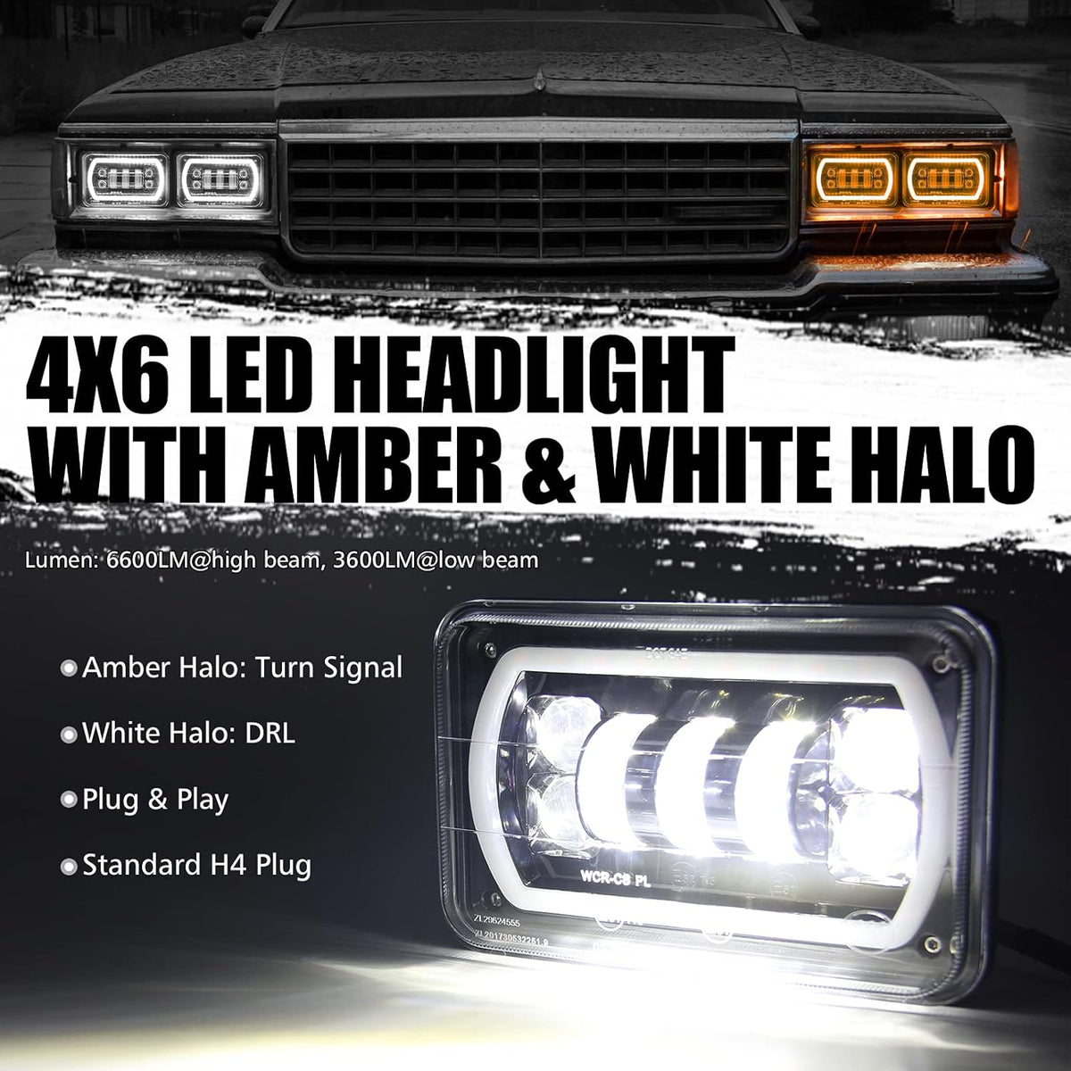 4x6 Led Headlight Halo White DRL Amber Turn Signal 2PC Pack D56531