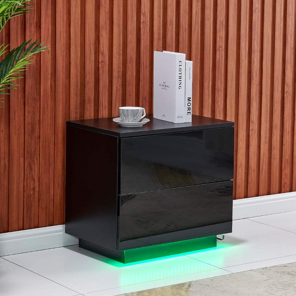 White High Gloss 2 Drawer Bedside Table with LED Lights P1511