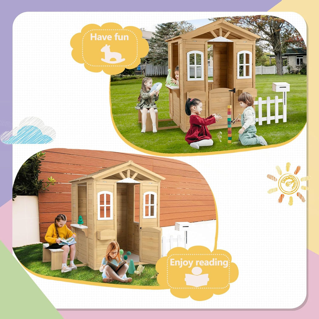 Natural Wooden Playhouse with Working Door, Windows, Mailbox, Bench, Flowers Pot Holder W144