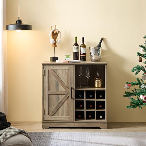 Gray Wash Farmhouse Coffee Bar Cabinet with Drawer and Sliding Barn Door M981101
