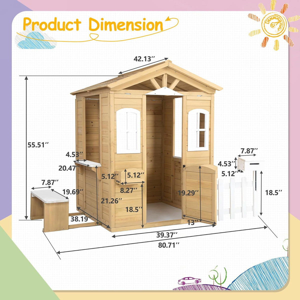 Natural Wooden Playhouse with Working Door, Windows, Mailbox, Bench, Flowers Pot Holder W144