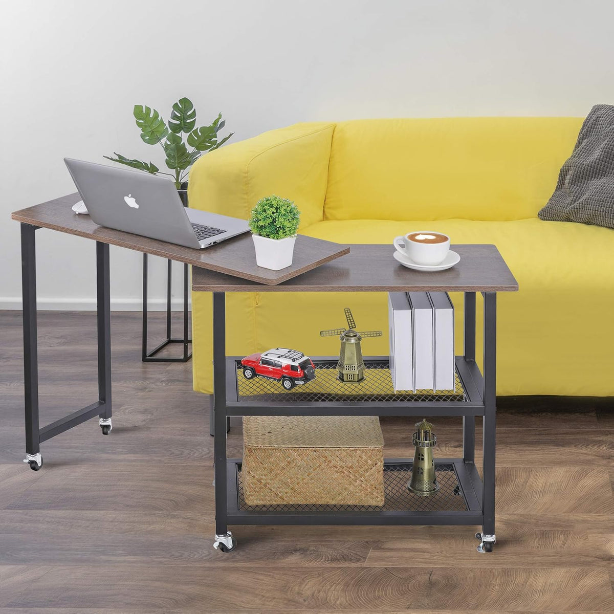 360° Rotating Sofa Side Table with 2-Tier Steel Storage Shelves Grey L989