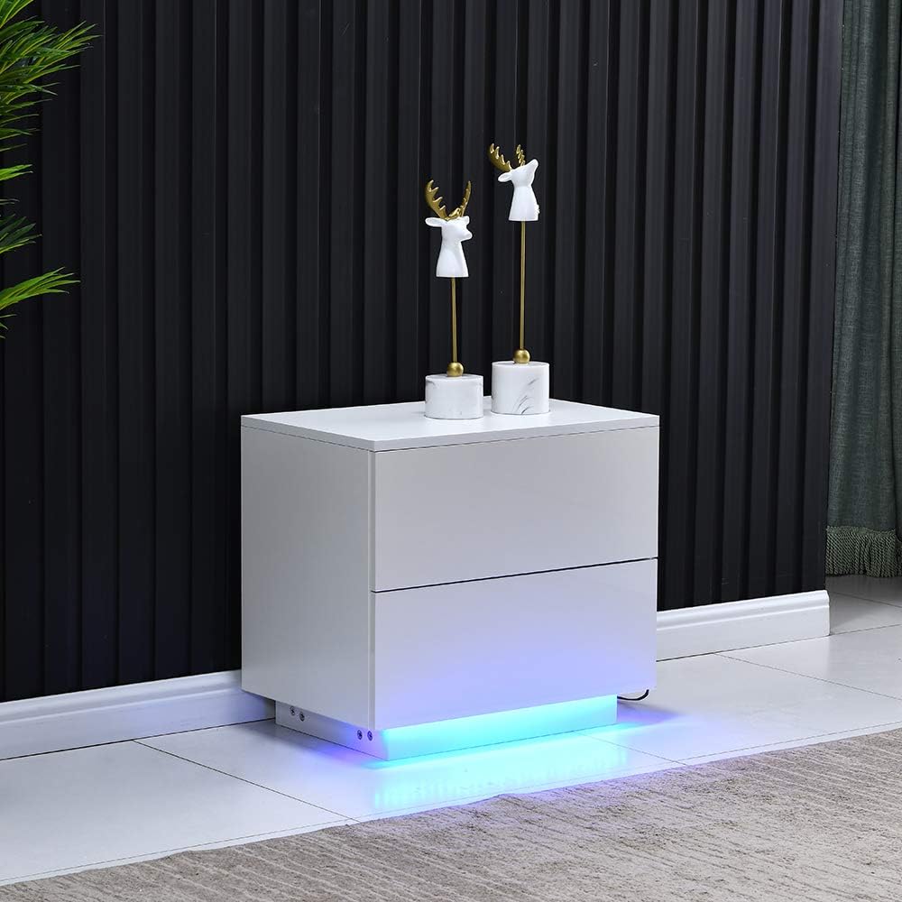 White High Gloss 2 Drawer Bedside Table with LED Lights P1511