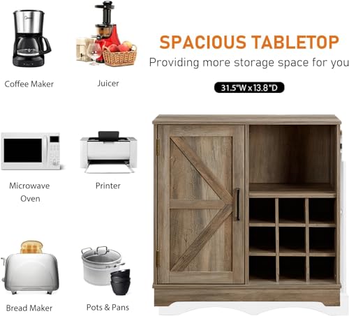 Gray Wash Farmhouse Coffee Bar Cabinet with Drawer and Sliding Barn Door M981101