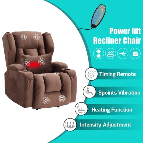 Velvet Electric Lift Recliner Chair with Massage and Heat, USB Ports, 2 Cup Holders U50793