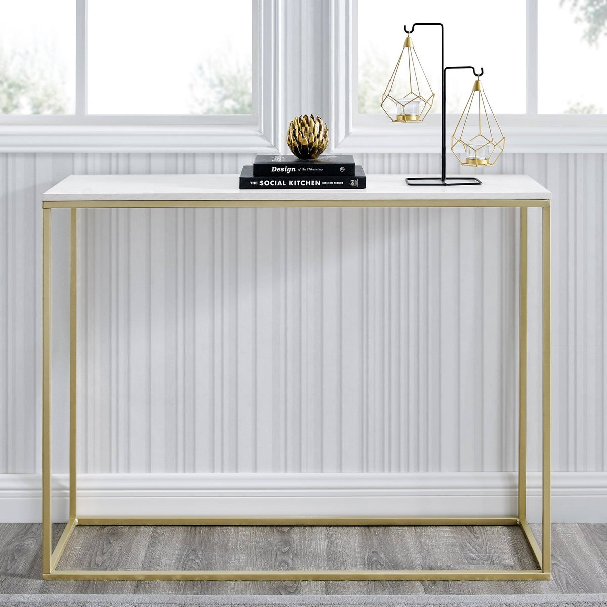 42-Inch Metal Entry Table White Faux Marble Gold Q7847