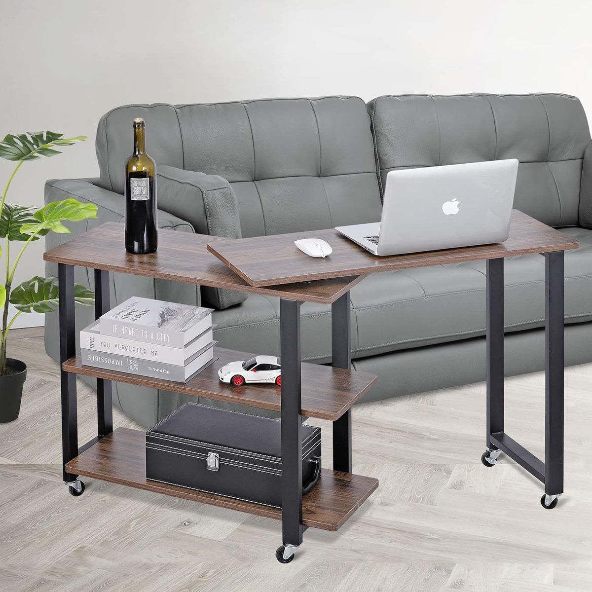 360° Rotating Sofa Side Table with 2-Tier Steel Storage Shelves Grey L989