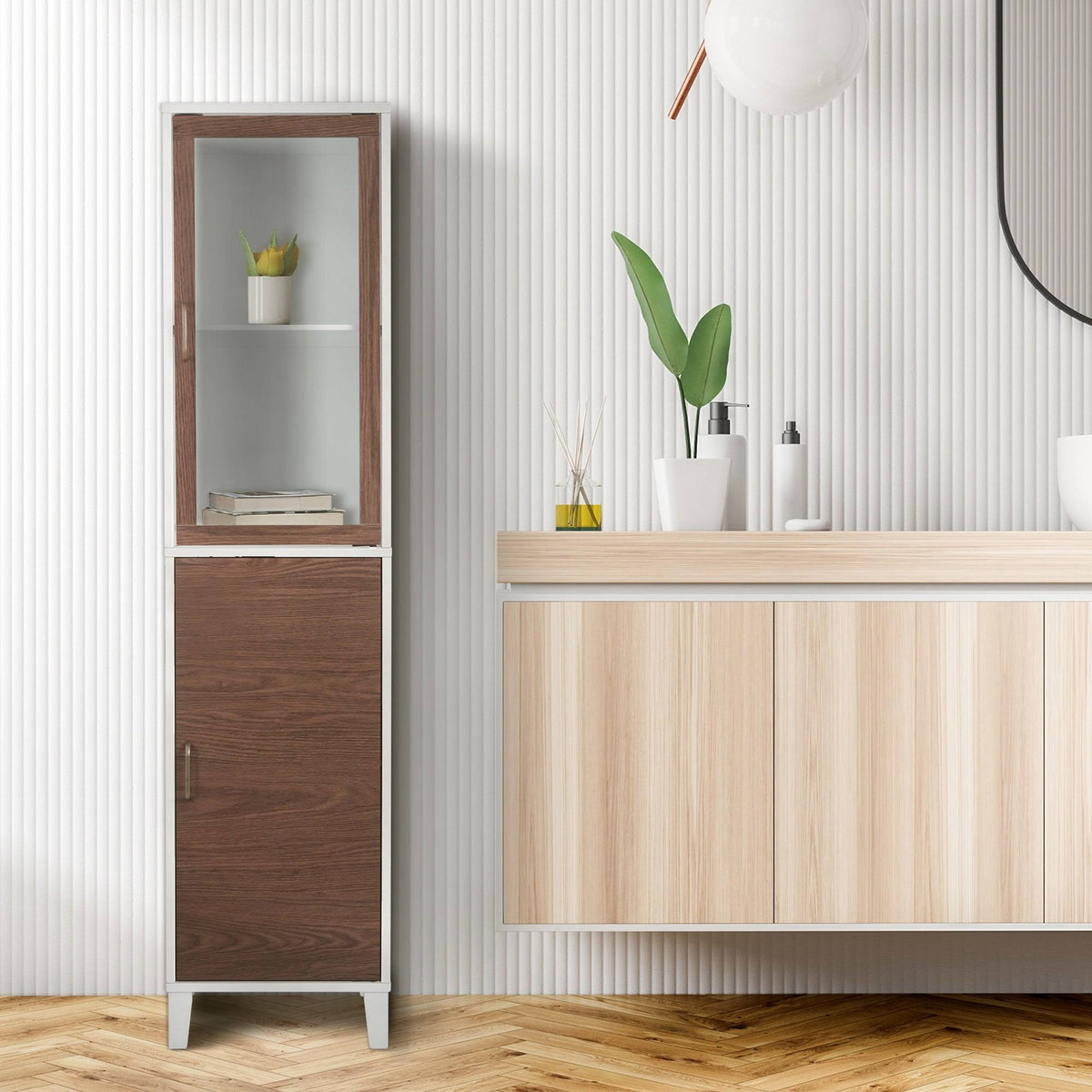 Walnut and White Wooden Linen Tower Cabinet J461062