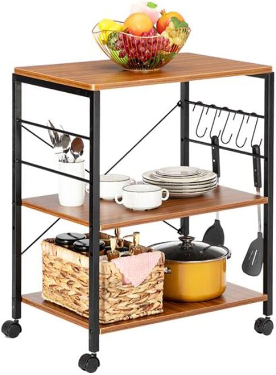 3-Tier Vintage Rolling Microwave Cart with Side Hook O945