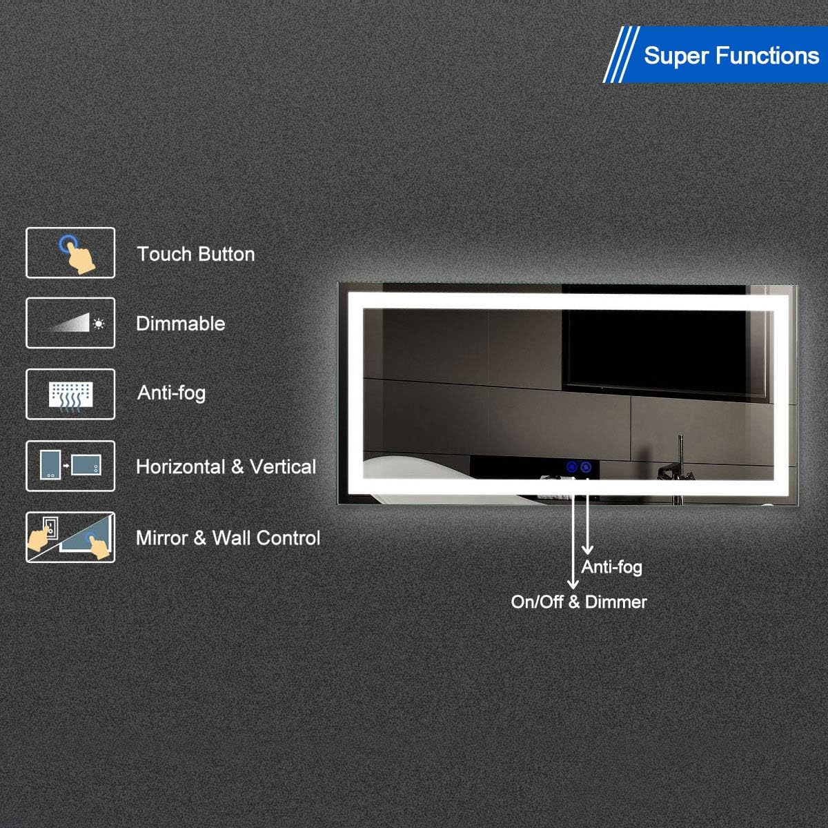 60x28 in Dimmable Antifog LED Bathroom Mirror B282