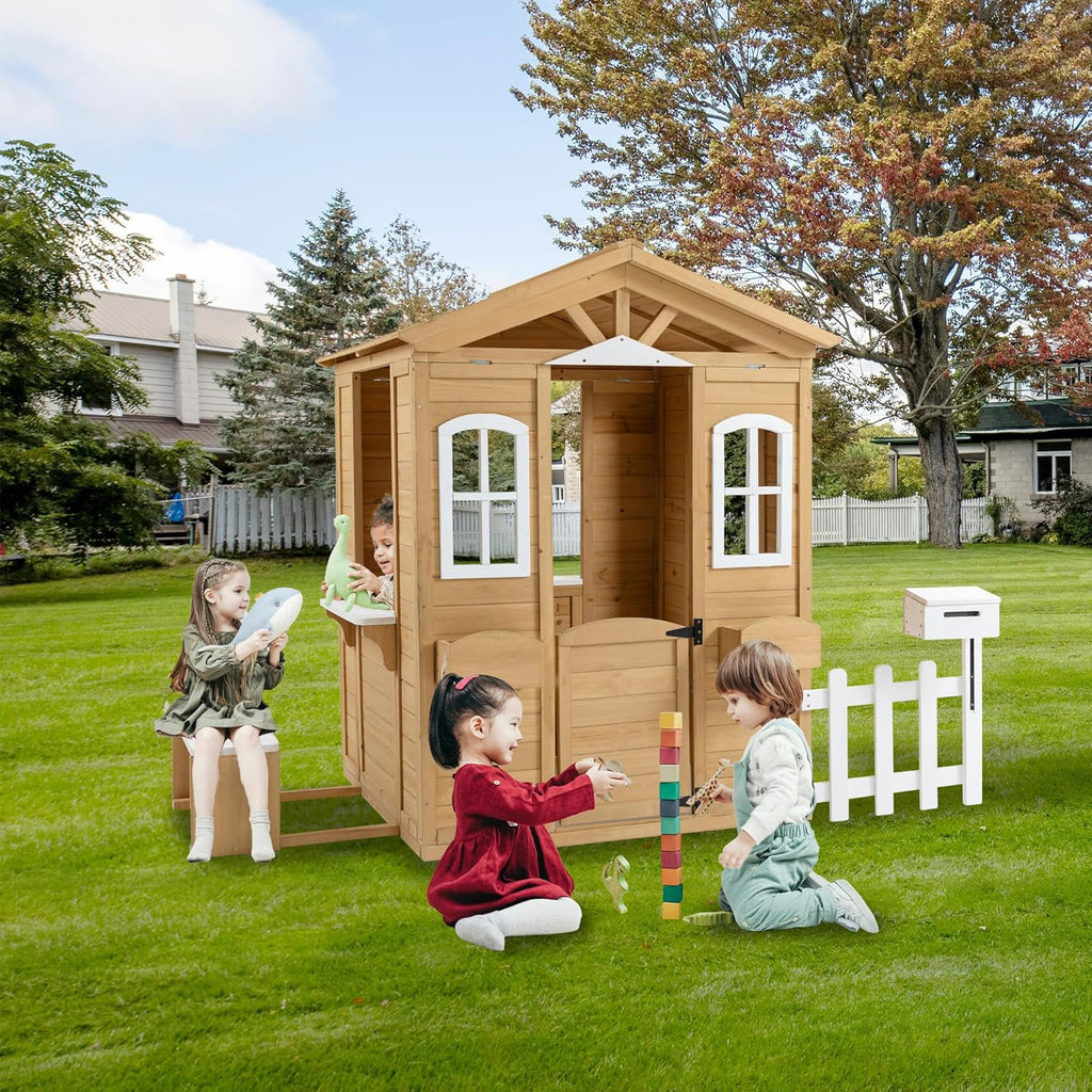 Natural Wooden Playhouse with Working Door, Windows, Mailbox, Bench, Flowers Pot Holder W144