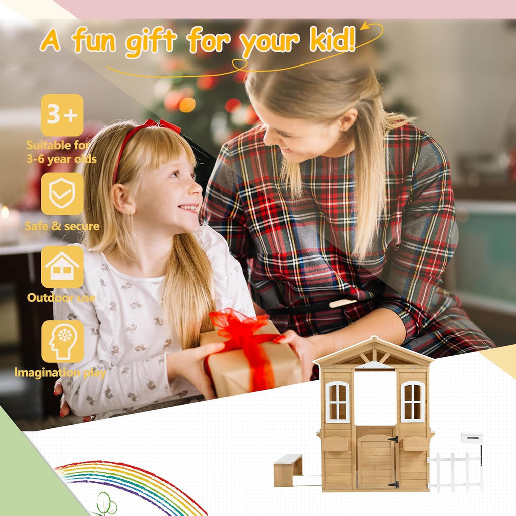 Natural Wooden Playhouse with Working Door, Windows, Mailbox, Bench, Flowers Pot Holder W144