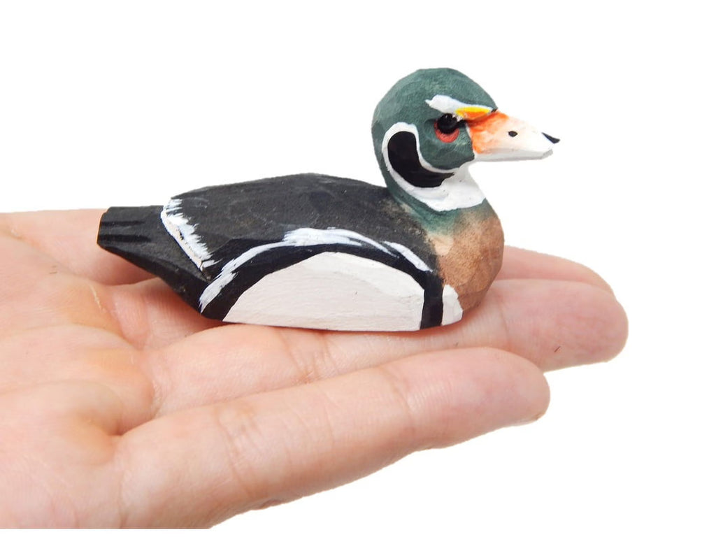 Wood Duck Drake Figurine Wooden Miniature Bird Statue Handmade Carving E83954