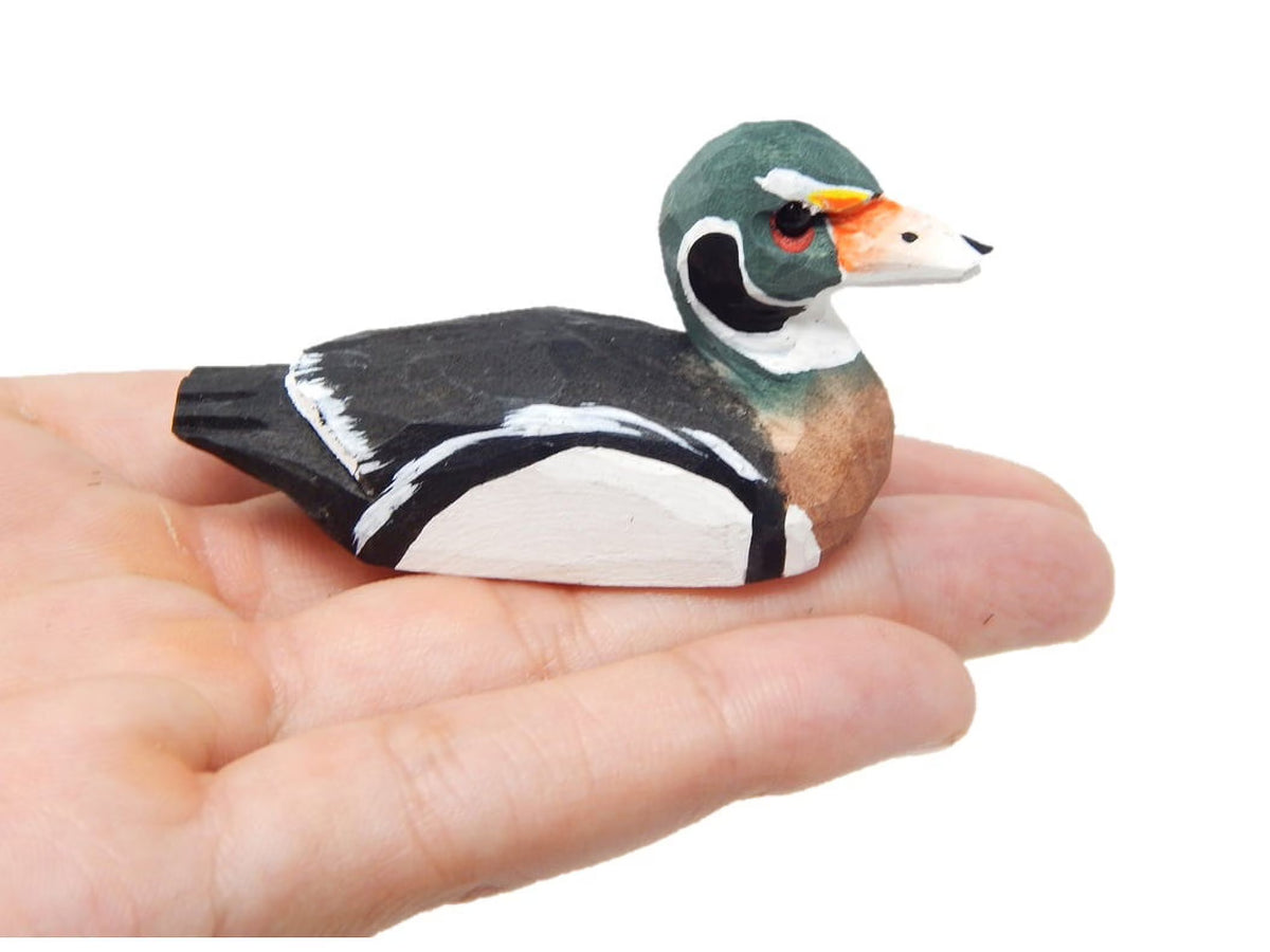 Wood Duck Drake Figurine Wooden Miniature Bird Statue Handmade Carving E83954
