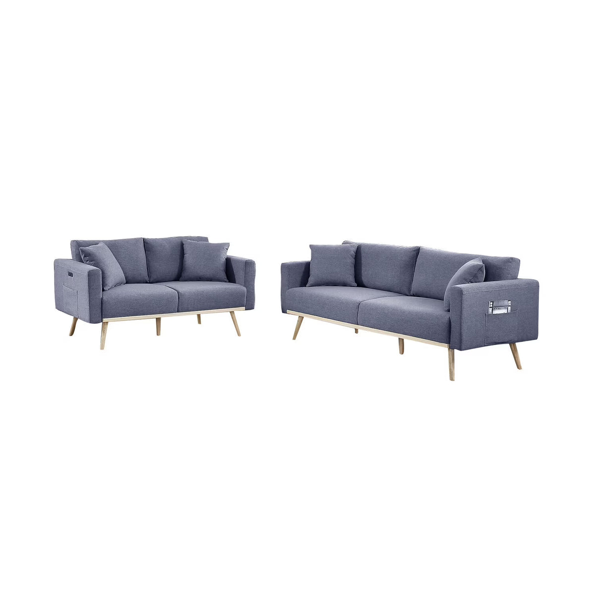 Dark Gray Linen Fabric Sofa Loveseat Set with USB Charging Ports Pockets & Pillows B2341