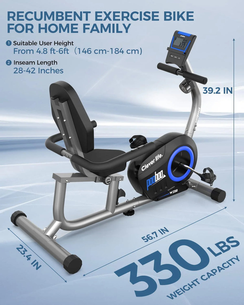 Magnetic Recumbent Exercise Bike 330lbs Blue G42952