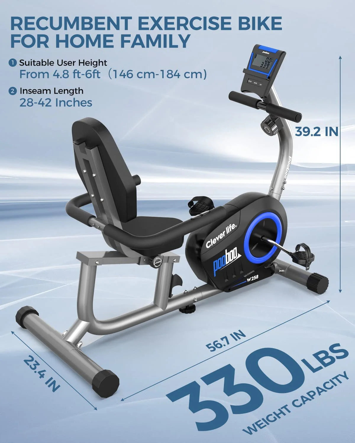 Magnetic Recumbent Exercise Bike 330lbs Blue G42952