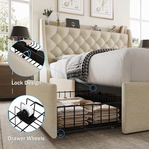 King Size Upholstered Bed Frame with 4 Storage Drawers G793