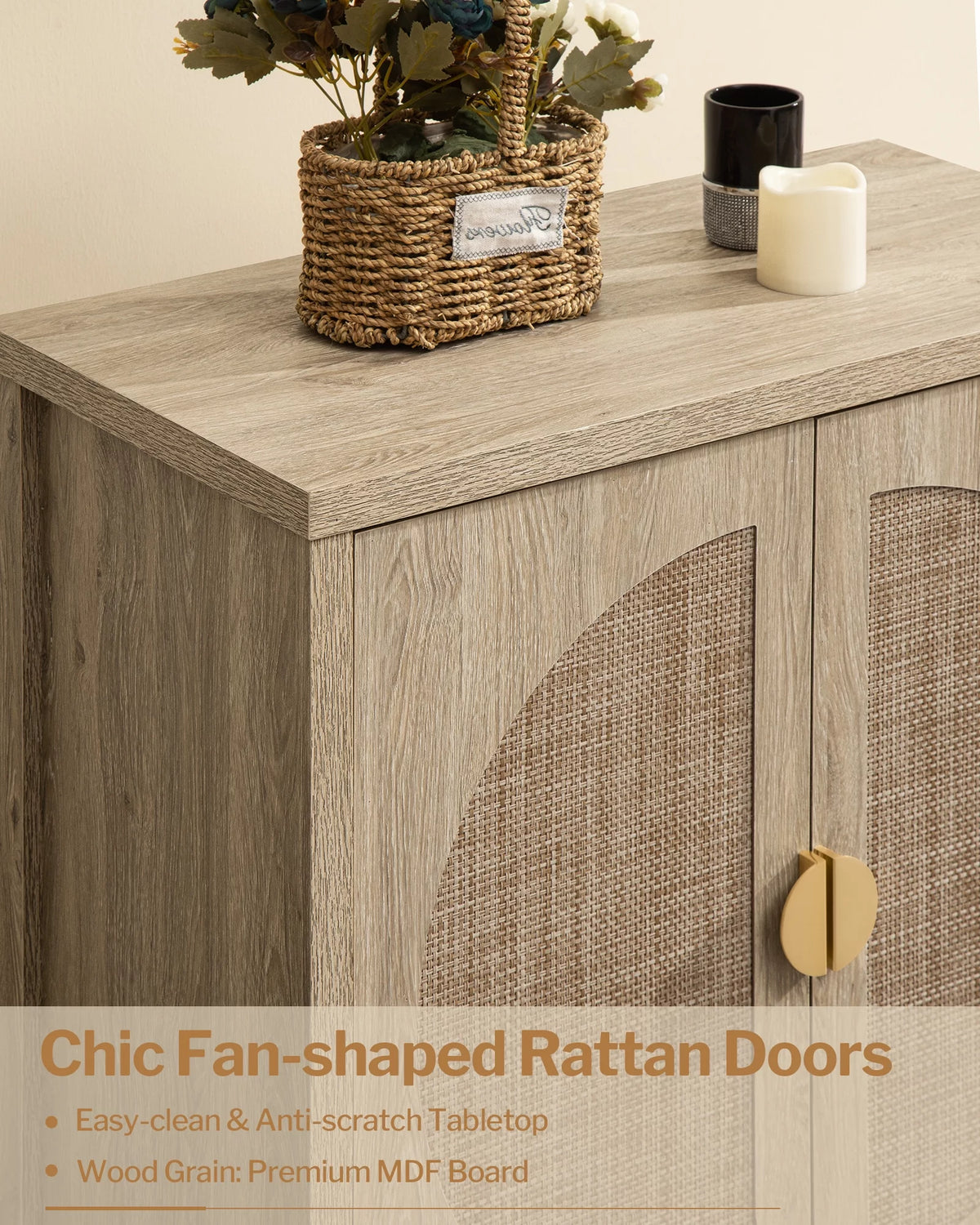Oak Rattan Sideboard Storage Cabinet Set of 2 W5047
