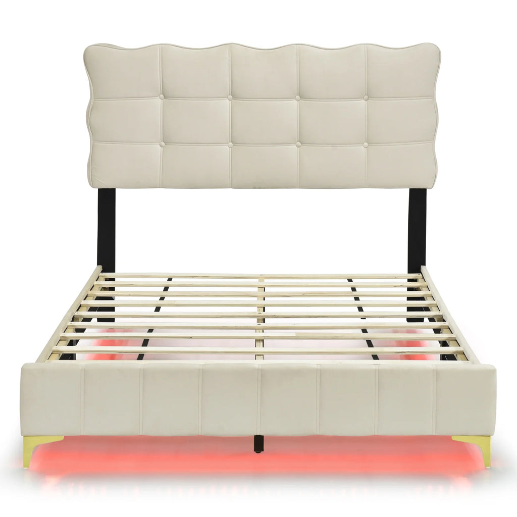Full Size Beige Velvet Platform Bed with Headboard U48622